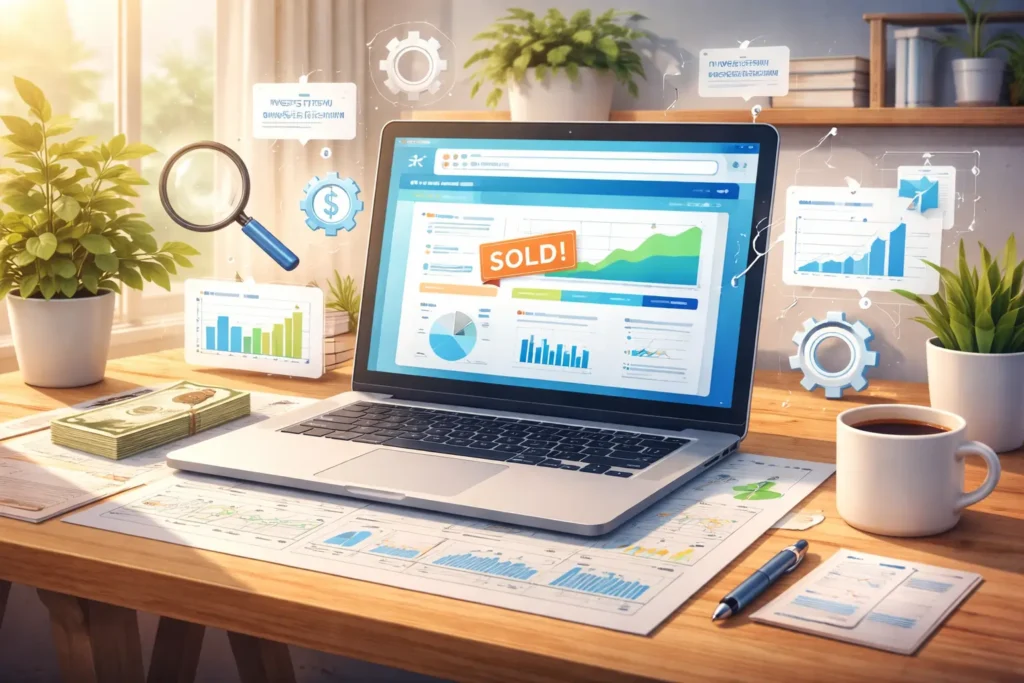 Website flipping as an AI side hustle showing analytics and a profitable website sale