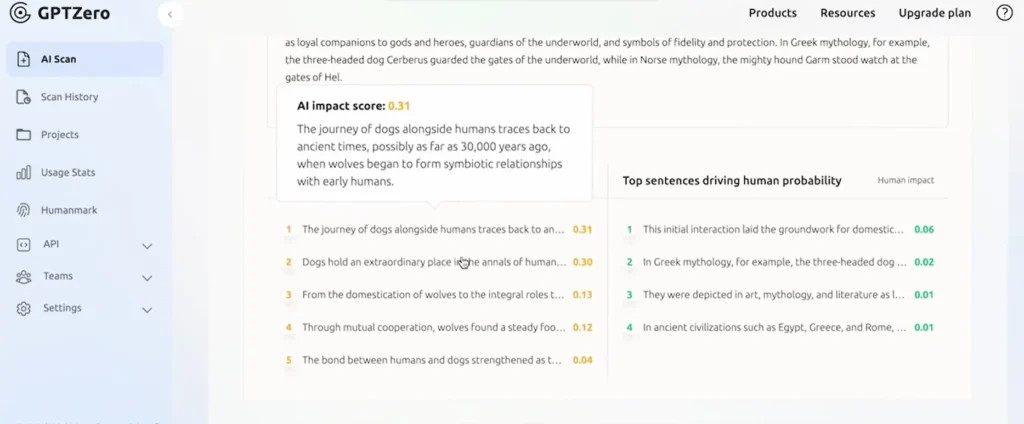 ai detector tools- gptzero sample