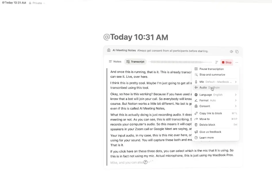 ai business tools - notion ai meeting notes