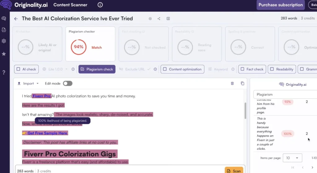 ai detector tools - originality.ai testing