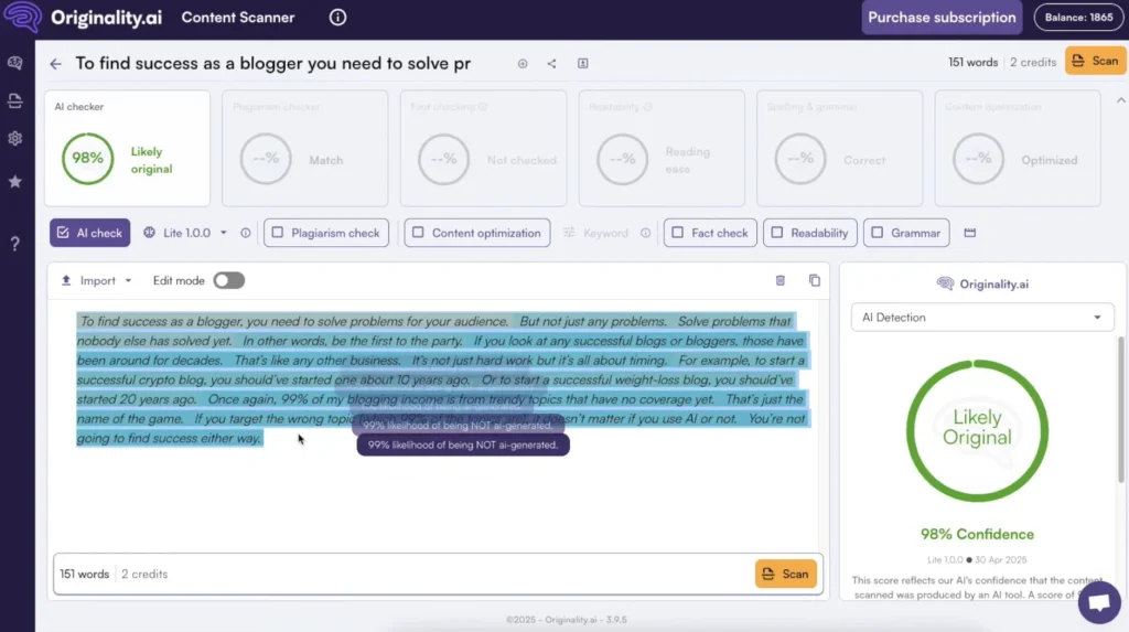 ai detector tools - originality.ai sample