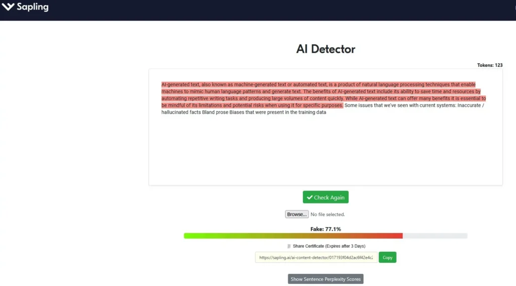 ai detector tools - sapling testing